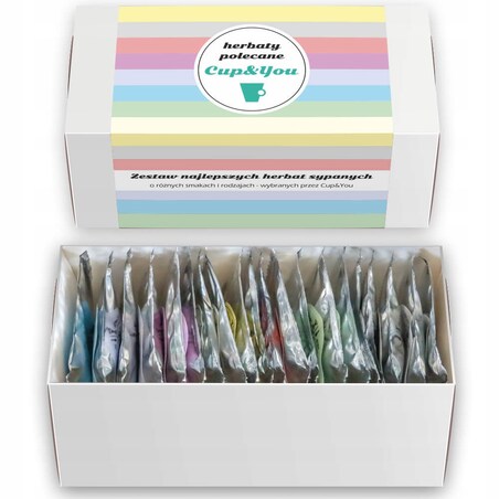 Zestaw 20 wyselekcjonowanych herbat sypanych HERBATY POLECANE CUP&YOU - box prezentowy upominkowy dla kobiety chłopaka mamy taty babci dziadka niej niego