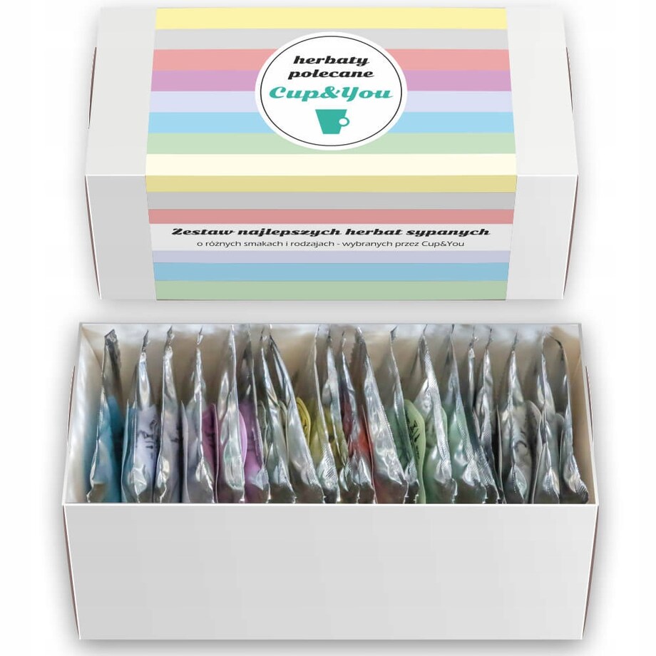 Zestaw 20 wyselekcjonowanych herbat sypanych HERBATY POLECANE CUP&YOU - box prezentowy upominkowy dla kobiety chłopaka mamy taty babci dziadka niej niego