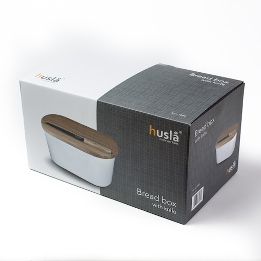 Plastikowy chlebak z deską do krojenia oraz nożem HUSLA