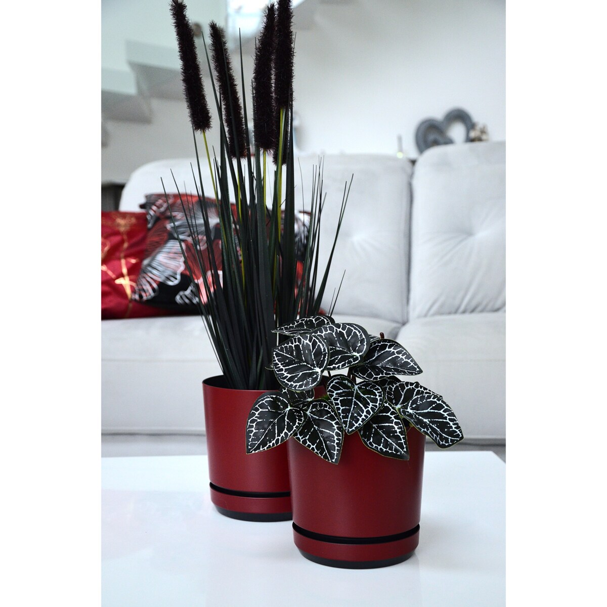 14 Doniczka z podstawką wzór BORDOWY nowoczesna z połyskiem elegancka pół mat