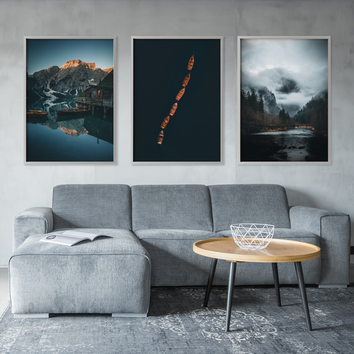 ZESTAW 3x Plakat W Ramie Łódki Na Górskim Jeziorze Efekt 3D 60x80cm