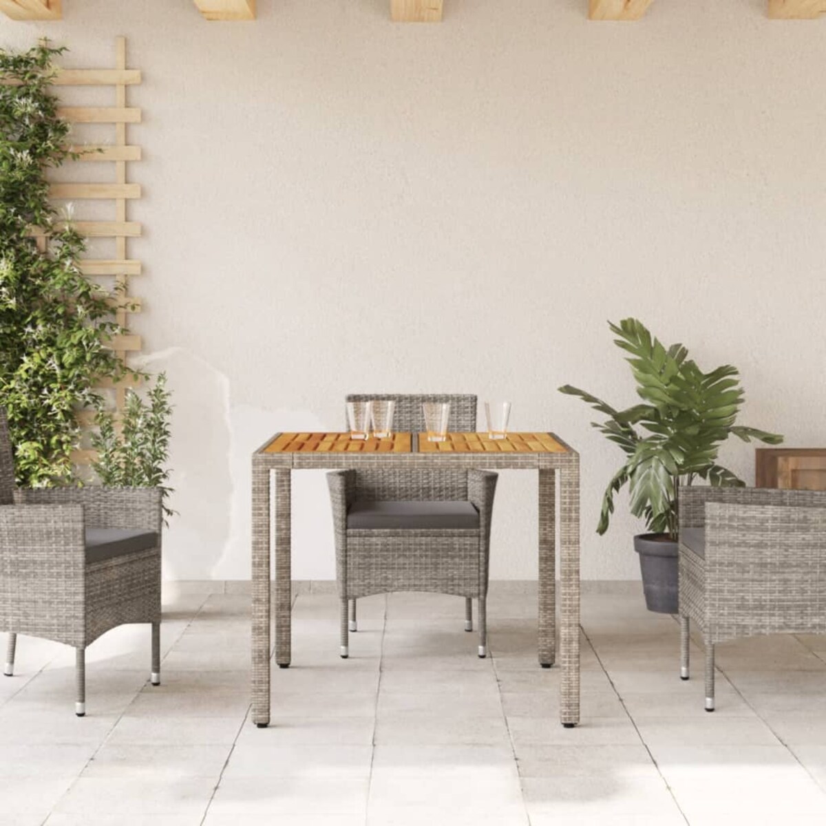 vidaXL Stół ogrodowy z akacjowym blatem, szary, 90x90x75 cm, rattan PE