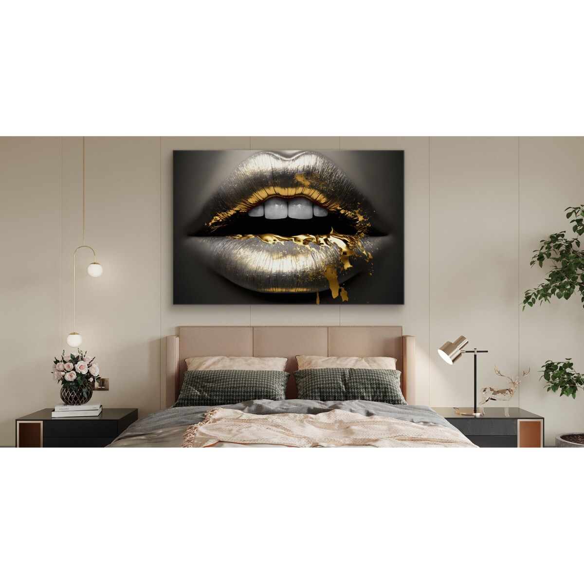 Obraz Ścienny Złoto-Srebrne USTA Efekt 3D 70x50cm