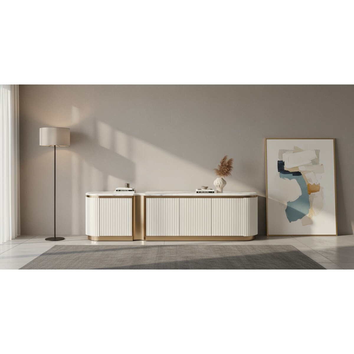 Ryflowana szafka RTV złota biała Nutris Glamour Premium z blatem marmurowym 200x40x50