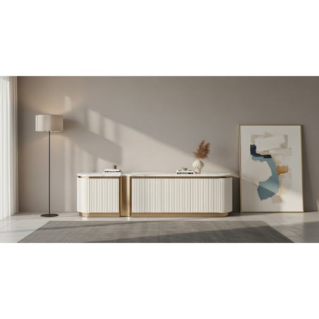 Ryflowana szafka RTV złota biała Nutris Glamour Premium z blatem marmurowym 200x40x50