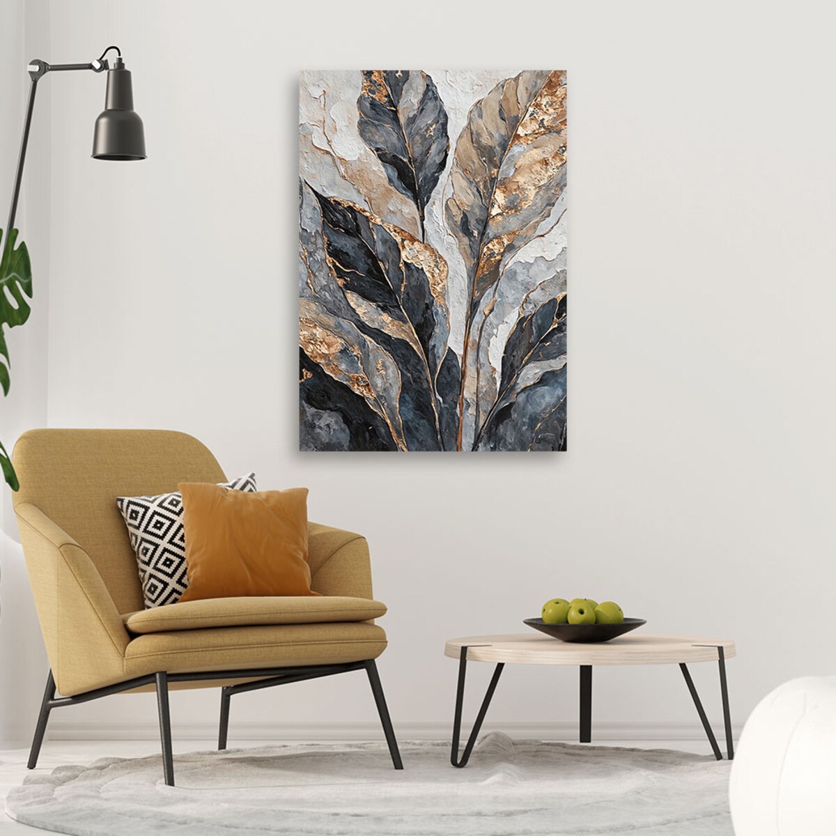 Nietypowe obrazy do salonu Abstrakcyjne Liście Szary Złoty 70x100