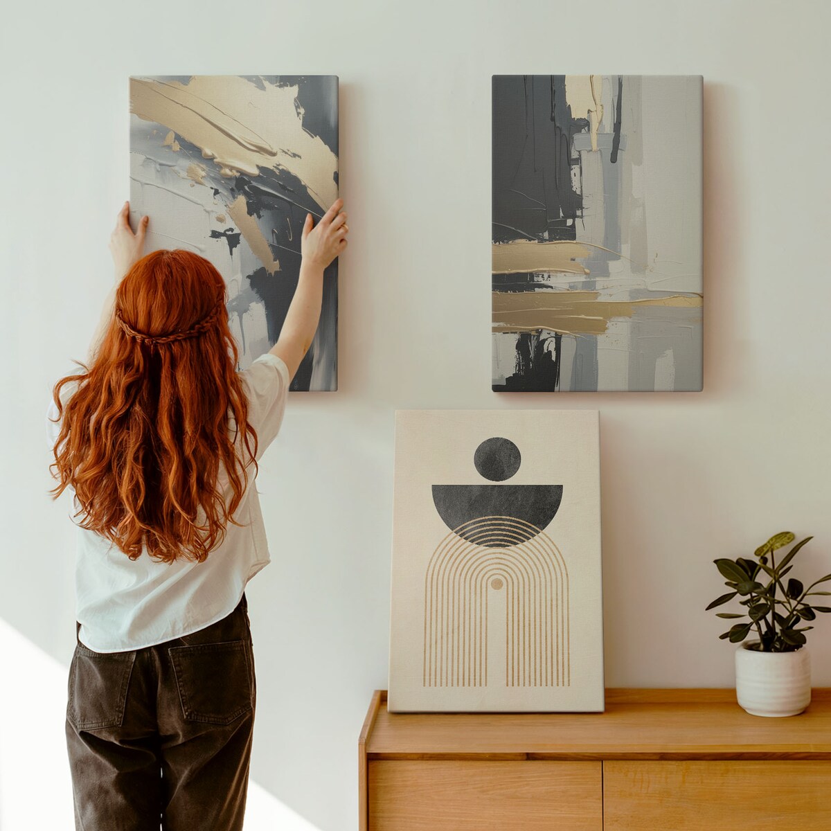 Zestaw 3 dużych obrazów na płótnie - Geometria abstrakcyjna elegancja - szary