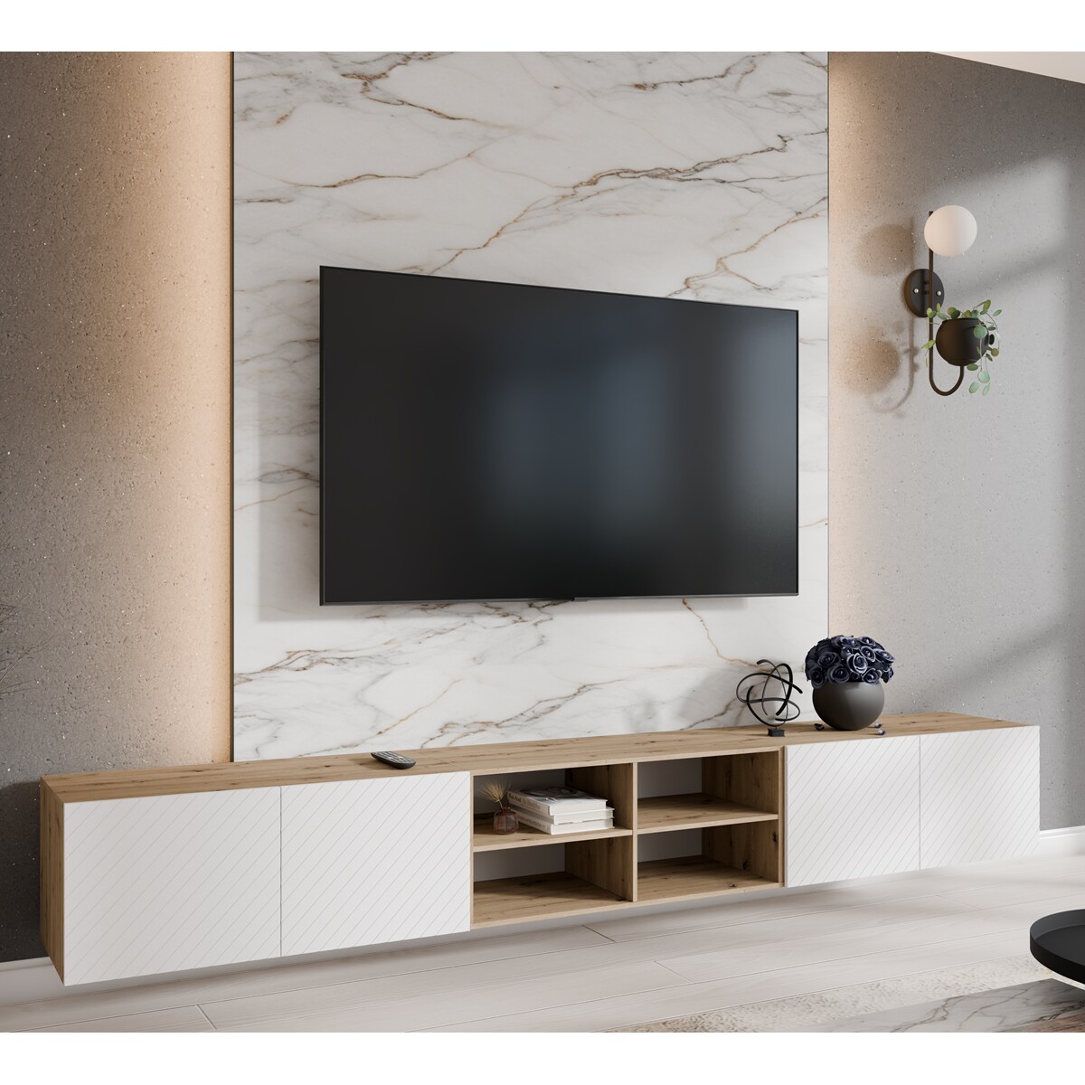 Szafka RTV NIKOL 300 cm pod telewizor, frezowane fronty, półki- biała+art