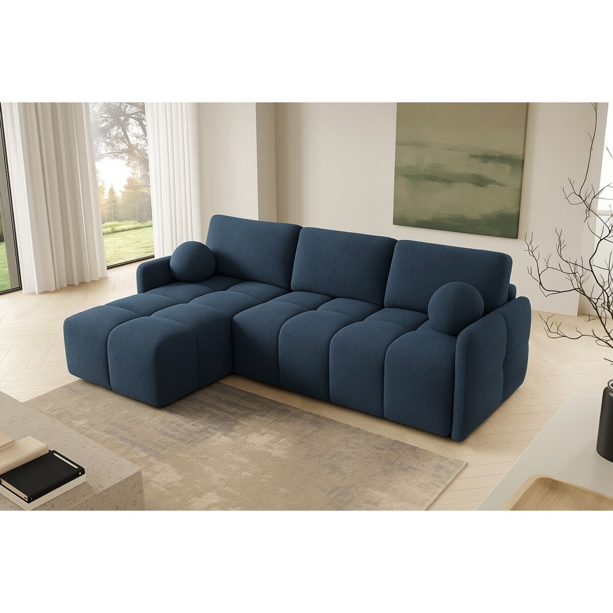 Narożnik MONO z funkcją spania i ozdobnymi poduszkami lewy, granatowy