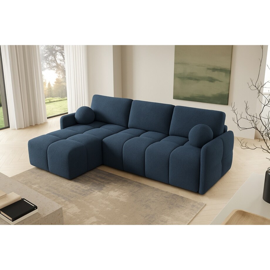 Narożnik MONO z funkcją spania i ozdobnymi poduszkami lewy, granatowy