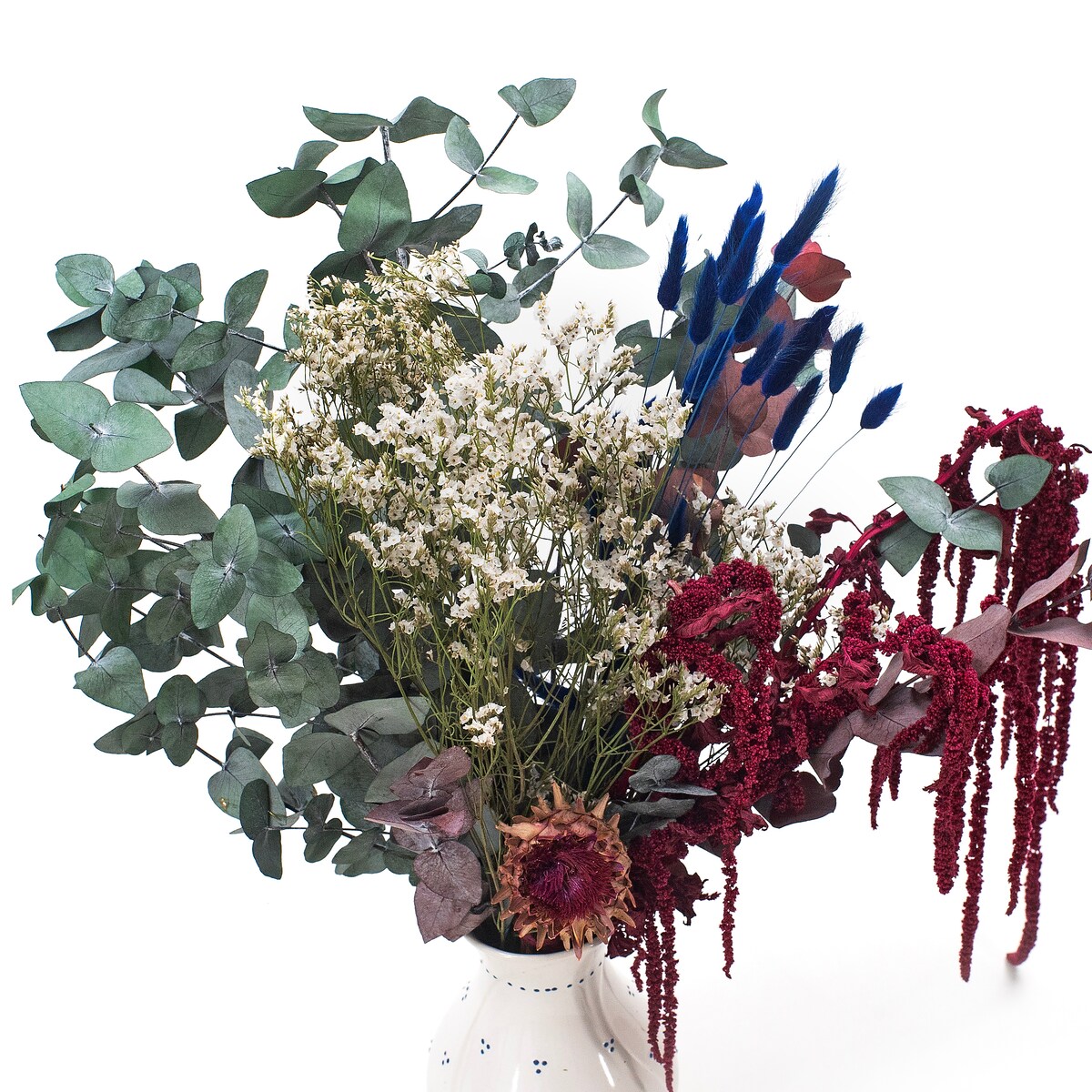 Bukiet suszonych kwiatów Wintertide - szarłat, eukaliptus, limonium
