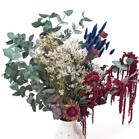 Bukiet suszonych kwiatów Wintertide - szarłat, eukaliptus, limonium