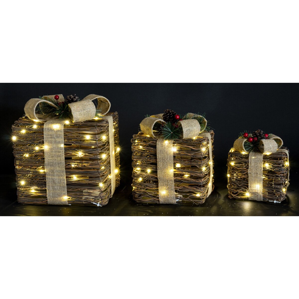 Dekoracja pudełka 3 szt. świecące LED 30x26x26 i 25x21x21 i 18x17x17 cm GEMARA brązowy i czarny