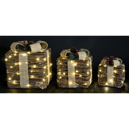Dekoracja pudełka 3 szt. świecące LED 30x26x26 i 25x21x21 i 18x17x17 cm GEMARA brązowy i czarny