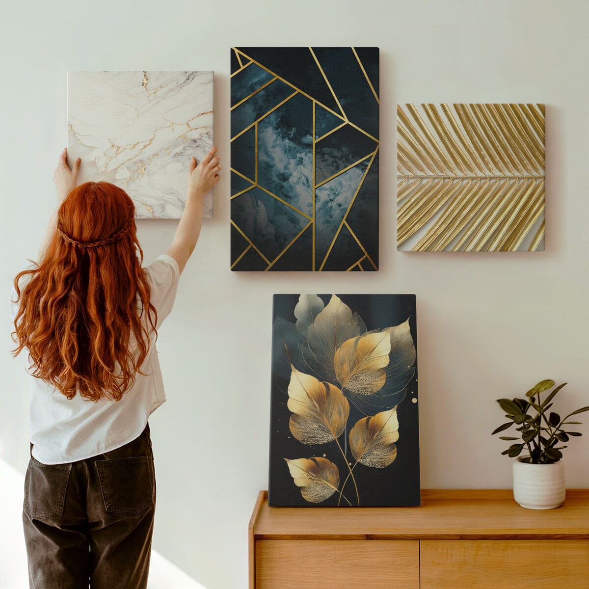 Zestaw 4 obrazów na płótnie - Nowoczesne wzory roślinne - granatowy