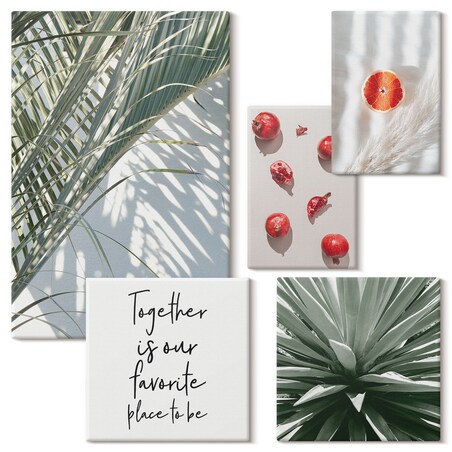 Zestaw 5 obrazów na płótnie - Styl boho rośliny owoce tropiki - zielony