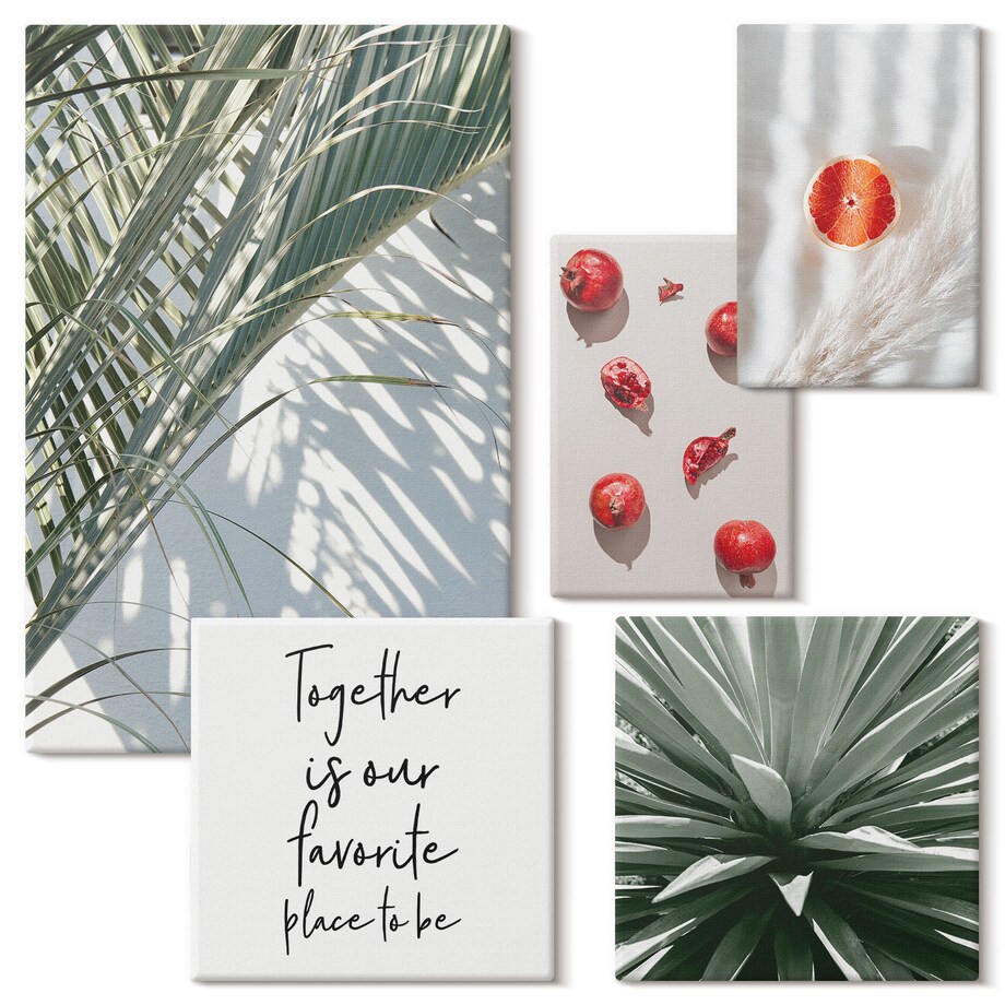 Zestaw 5 obrazów na płótnie - Styl boho rośliny owoce tropiki - zielony