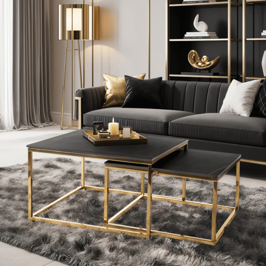 Stolik Kawowy Kwadratowy Zestaw 2w1 Ława Glamour Czarny Marmur Złoty TENOR