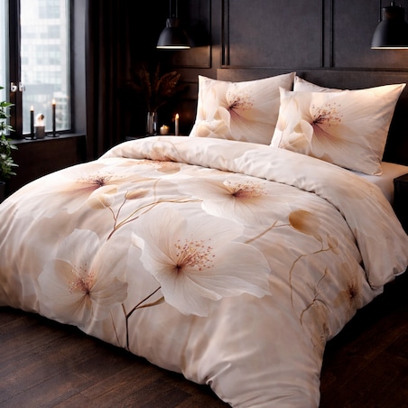 Poszewka satynowa 40x40 Elize jasne beżowe kwiaty na kremowym tle, Satynlove Premium