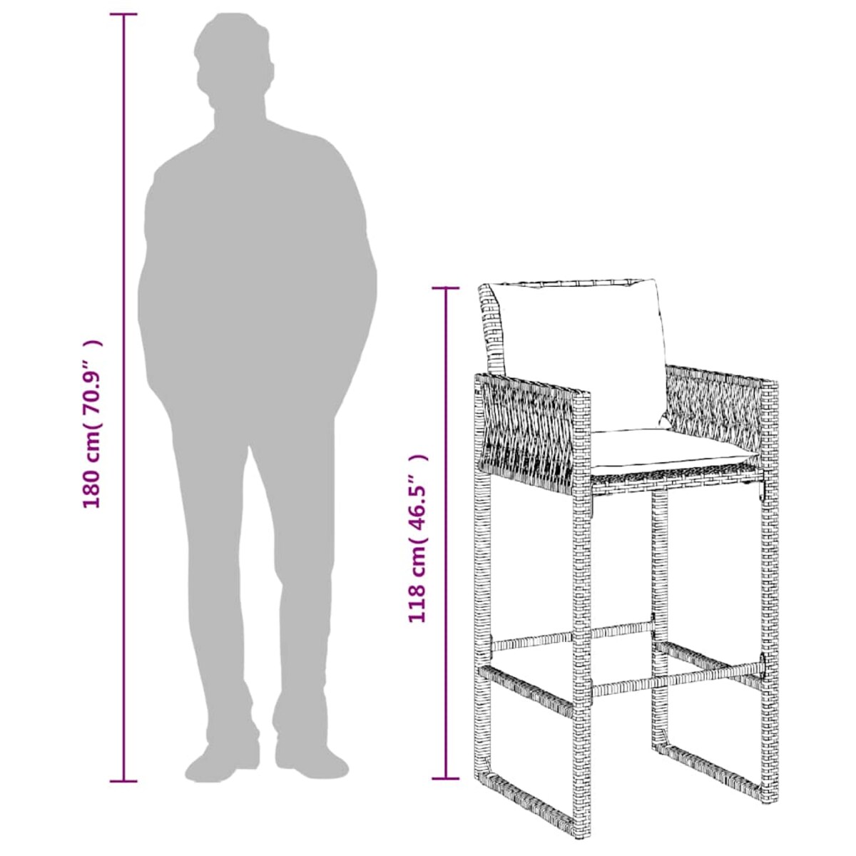 vidaXL Ogrodowe stołki barowe z poduszkami, 2 szt, brązowe, polirattan