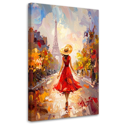 Obraz do salonu sypialni, Kobieta w czerwonej sukience i kapeluszu na tle Wieży Eiffla 30x45 cm