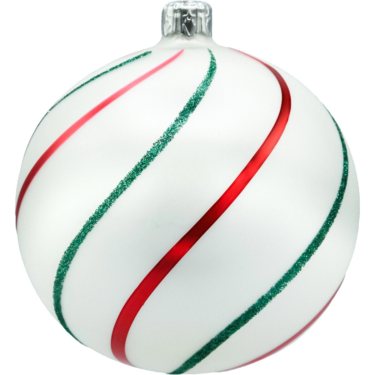 Bombki okrągłe: biała satyna z czerwono-zielonym brokatem