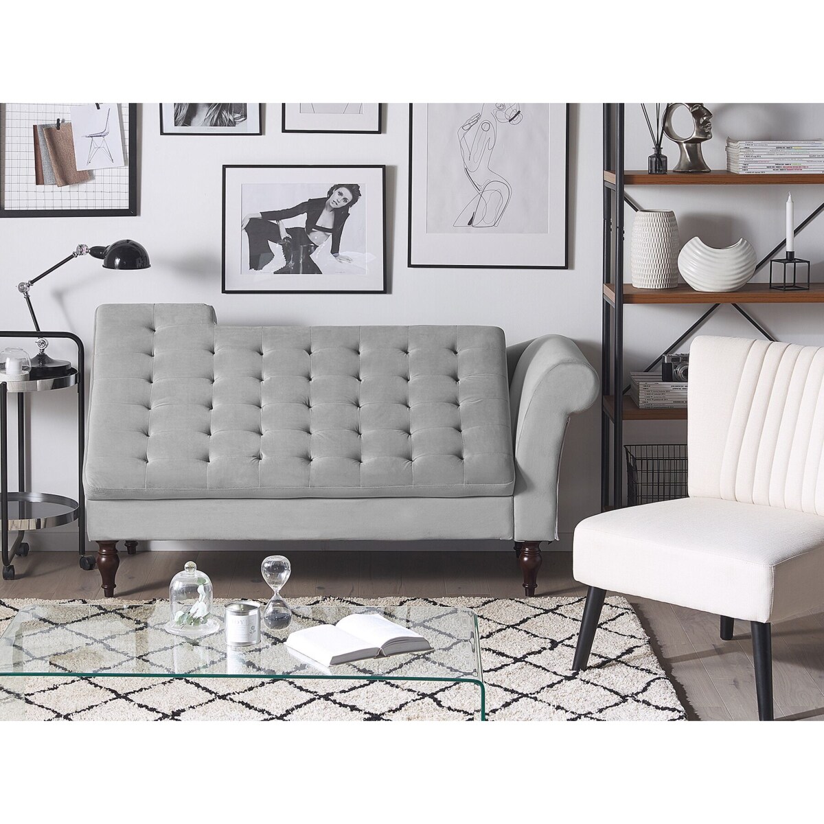 Szezlong welurowy ze schowkiem jasnoszary PESSAC