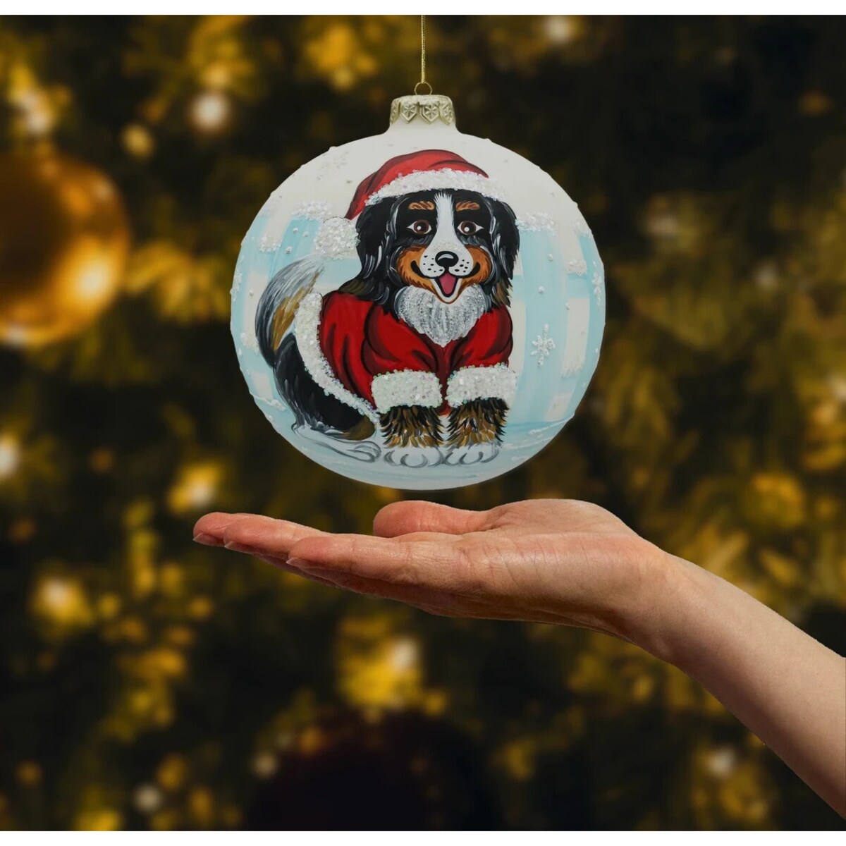 Bombka okrągła: Piesek w stroju Mikołaja