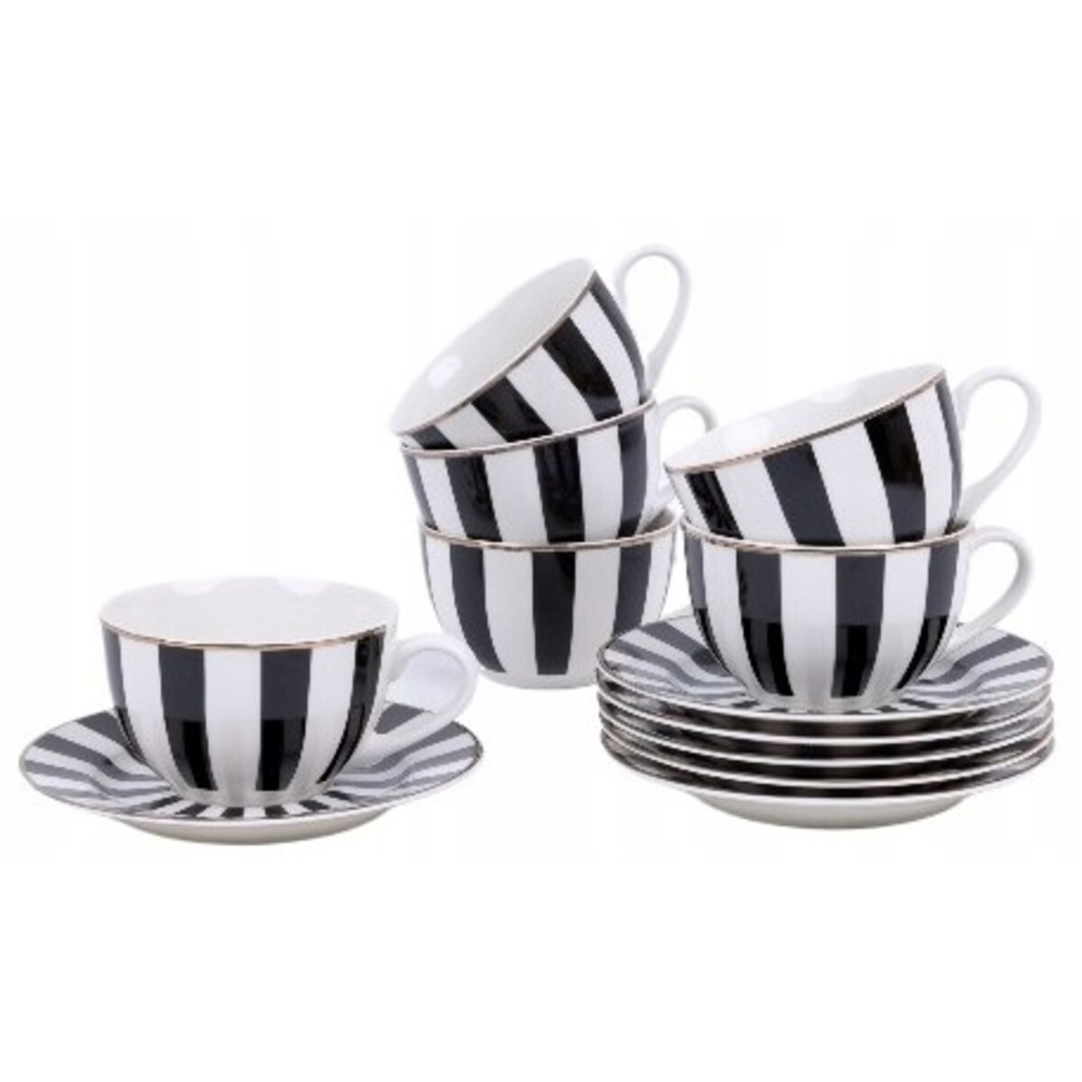 SERWIS KAWOWY 6 osób W PASKI biało czarne FILIŻANKA 200ml SPODEK na prezent