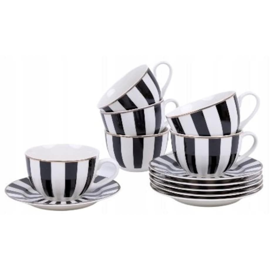 SERWIS KAWOWY 6 osób W PASKI biało czarne FILIŻANKA 200ml SPODEK na prezent