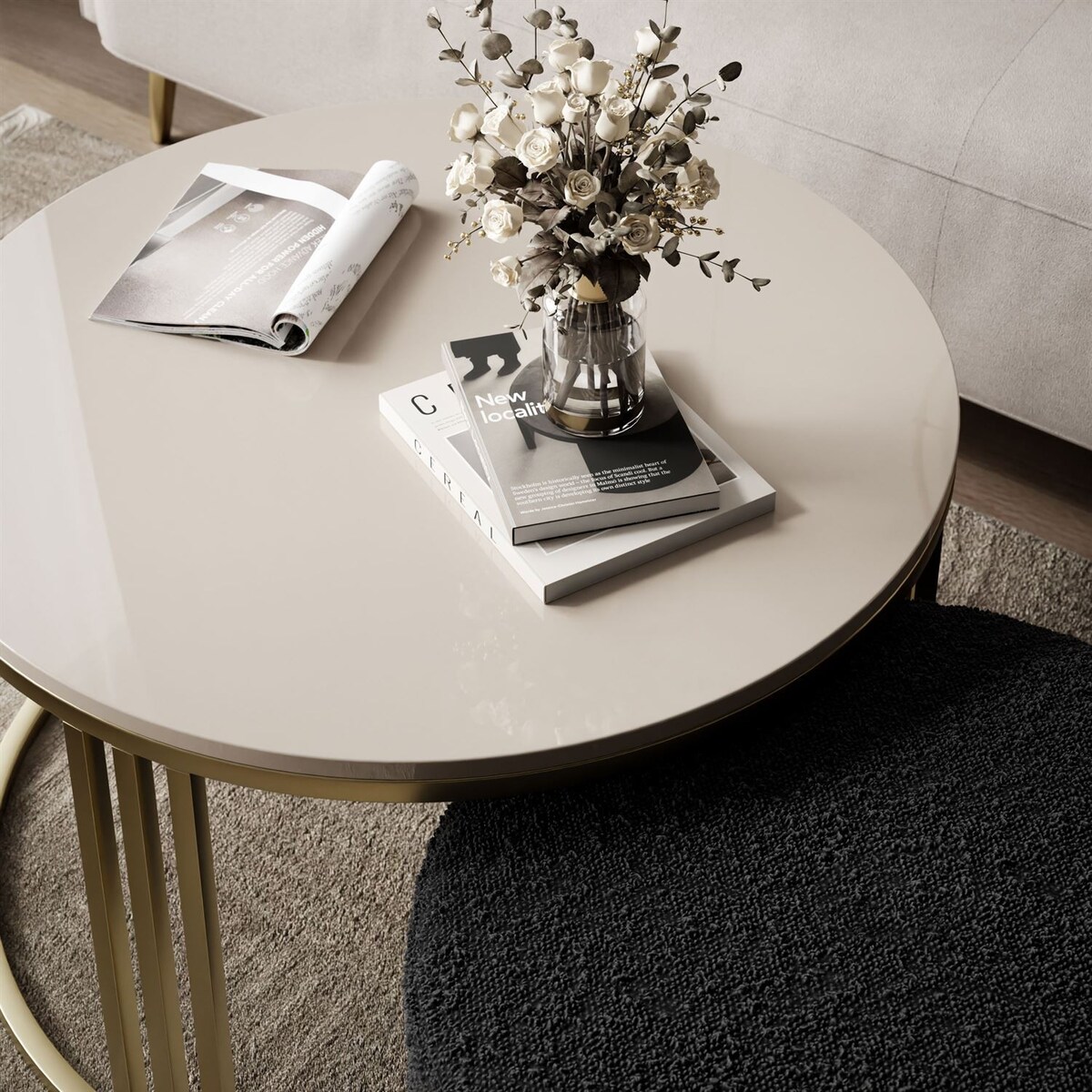 Stolik kawowy z pufą LORI POŁYSK złoto szczotkowane, kaszmir / Coral 60