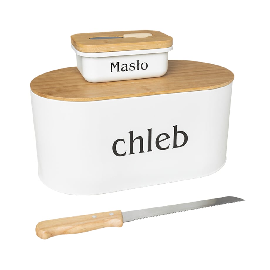 Zestaw chlebak z maselniczką i nożem deska do krojenia biały