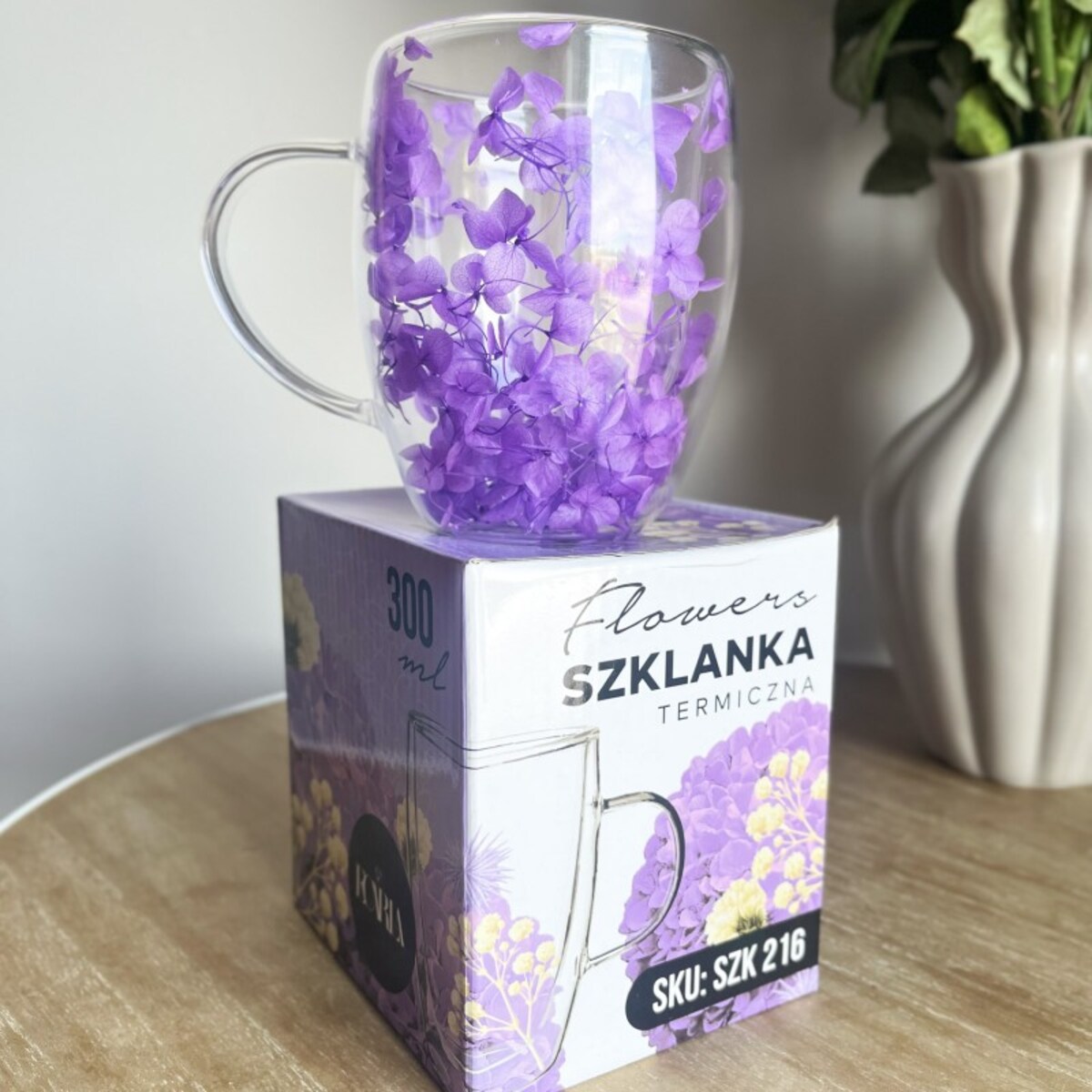 Szklanka termiczna z kwiatami w środku 300ml 1szt, pełna hortensji, niebieska SZK216