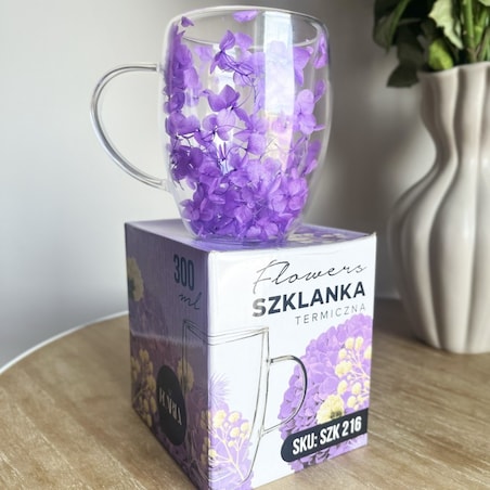 Szklanka termiczna z kwiatami w środku 300ml 1szt, pełna hortensji, niebieska SZK216