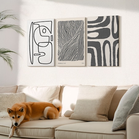 Zestaw 3 dużych obrazów na płótnie - Abstrakcyjne wzory linie tekstury boho - czarno-biały
