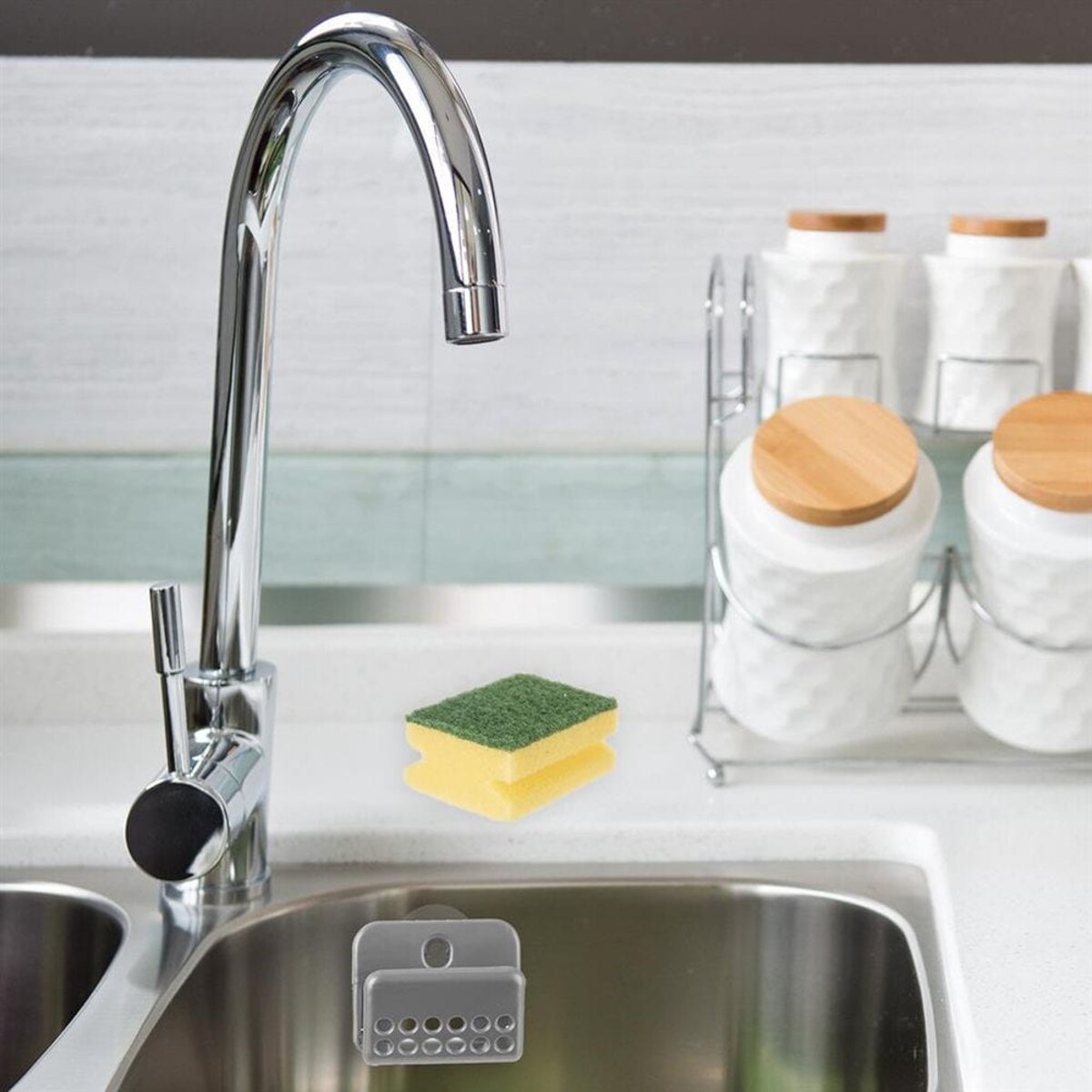 Uchwyt Kuchenny na Gąbkę do Naczyń Szary Wieszak Ociekacz z Przyssawką