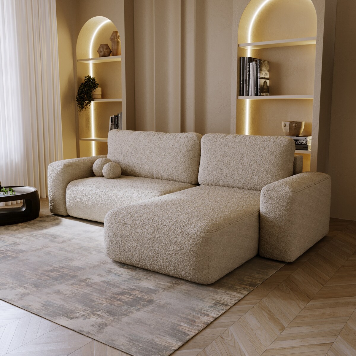 Narożnik Prawy ILO z funkcją spania i pojemnikiem na pościel, jasno-beżowy