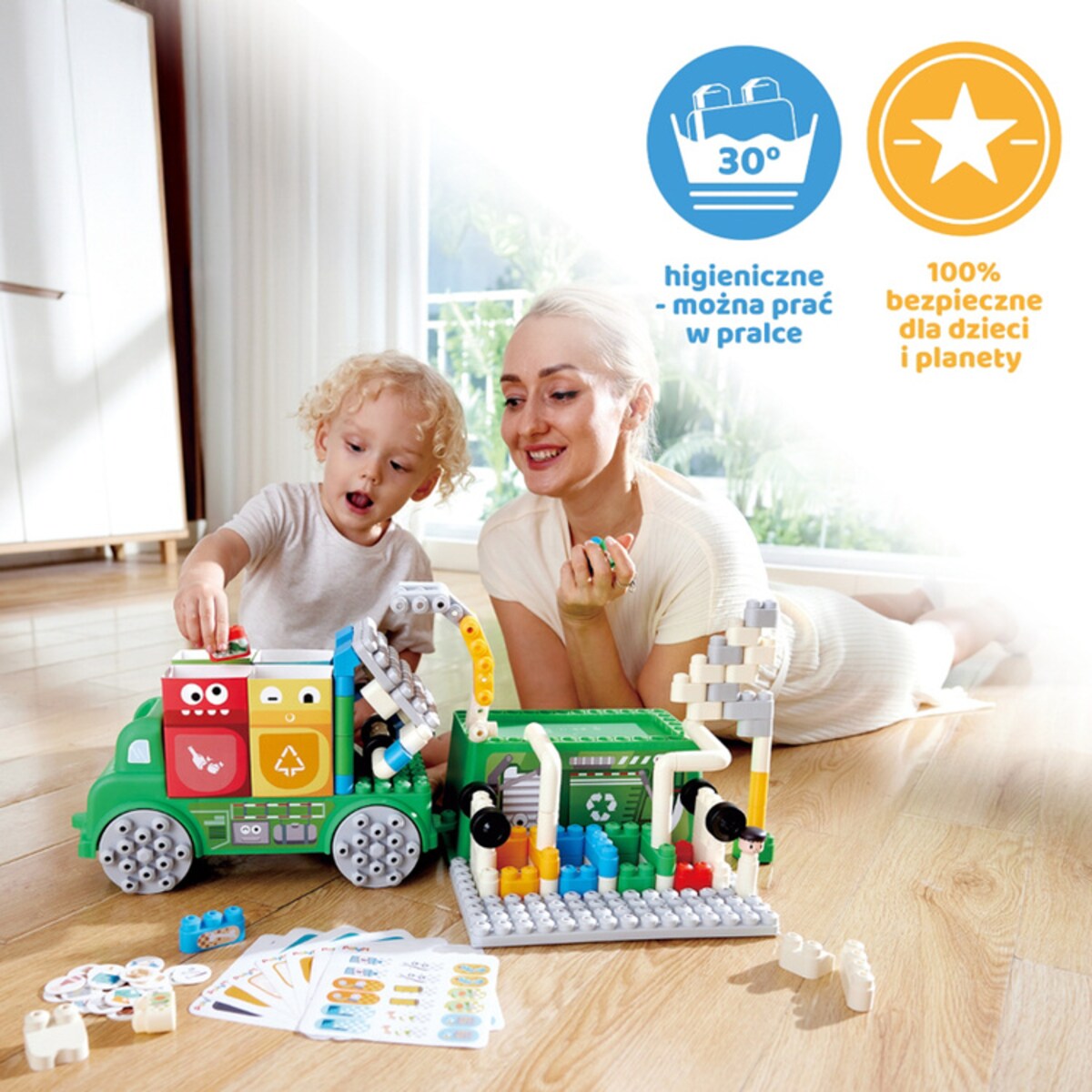 Miękkie Klocki Konstrukcyjne w Aucie Śmieciarka 100 el. 18m+ PolyM