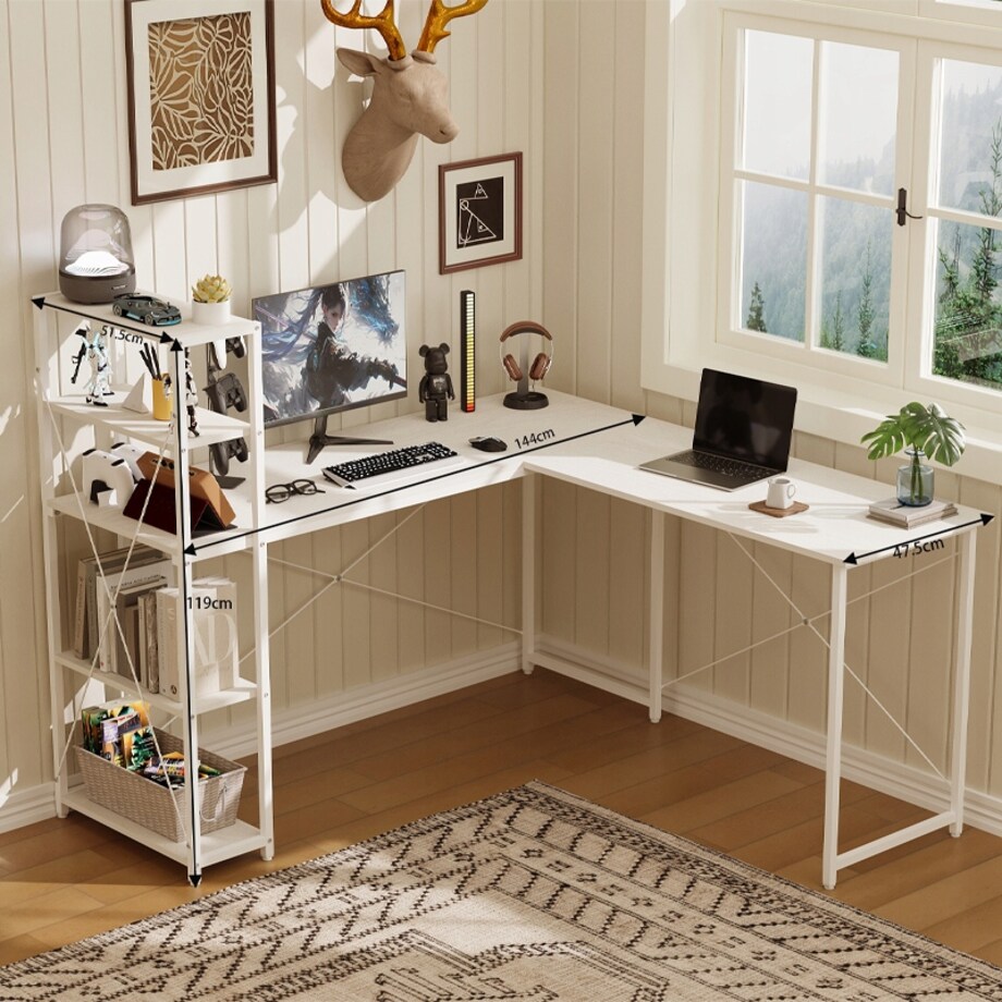 Biurko komputerowe narożne półkami regałem białe industrialne szkolne loft