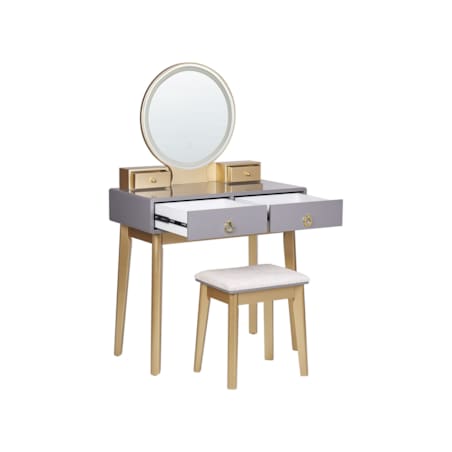 Toaletka 4 szuflady lustro LED ze stołkiem szaro-złota FEDRY