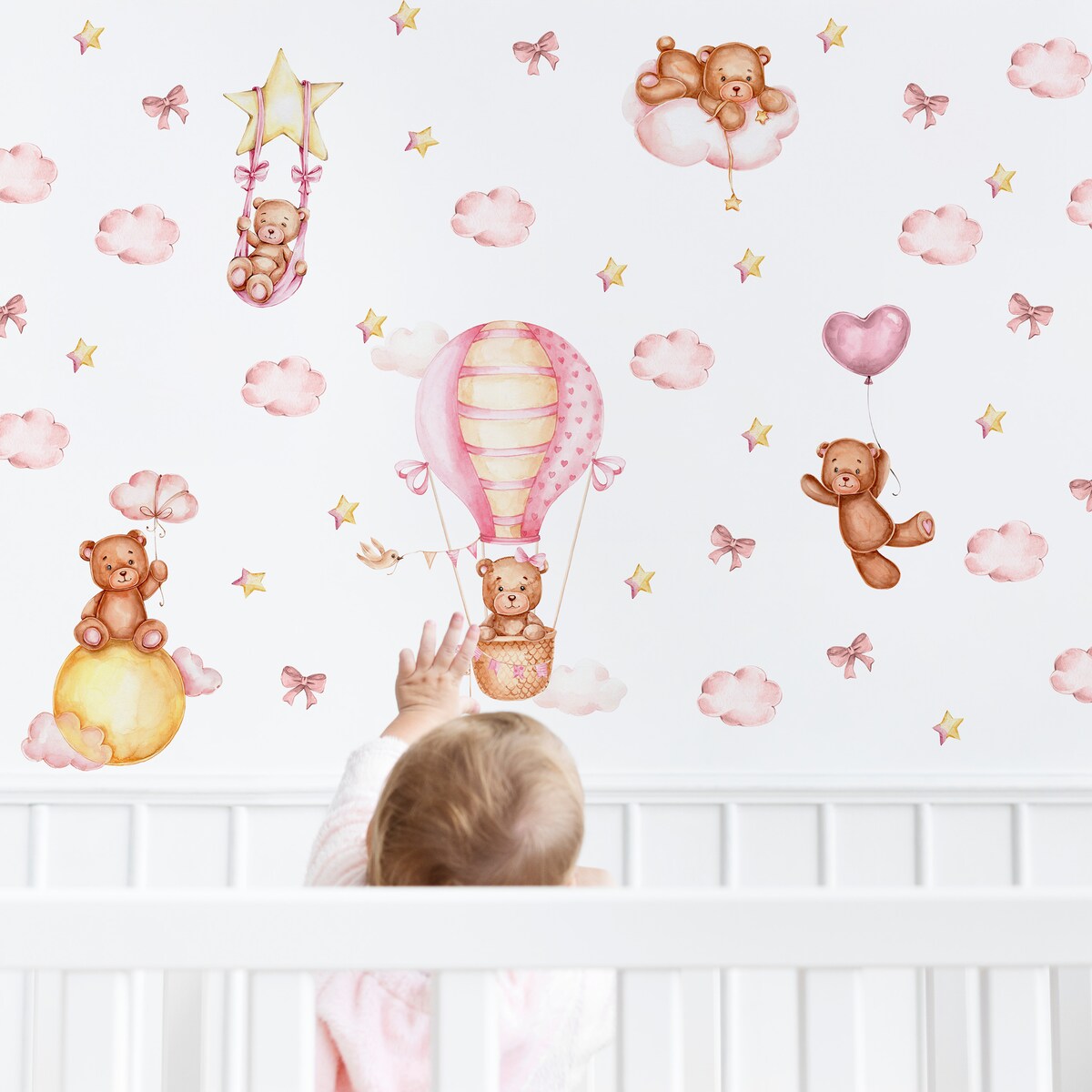Naklejki Dla Dzieci Misie Różowe Chmurki Balony Gwiazdy Kokardki ZESTAW 120x60cm