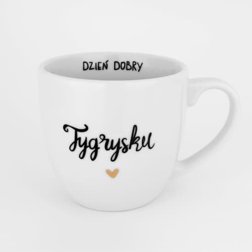Biały Kubek Porcelanowy 300 ml - Napis Dzień Dobry Tygrysku ze Złotym Sercem dla Partnera na Rocznicę