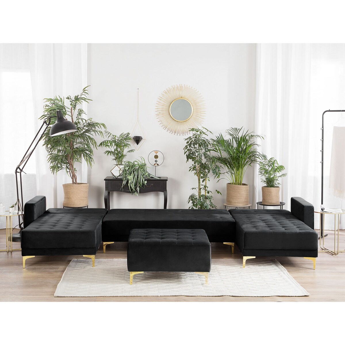 Narożnik rozkładany 5-osobowy z otomaną welurowy czarny ABERDEEN