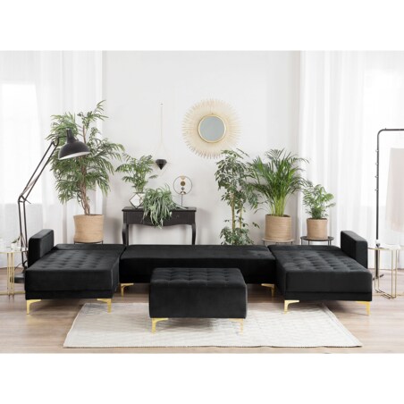 Narożnik rozkładany 5-osobowy z otomaną welurowy czarny ABERDEEN
