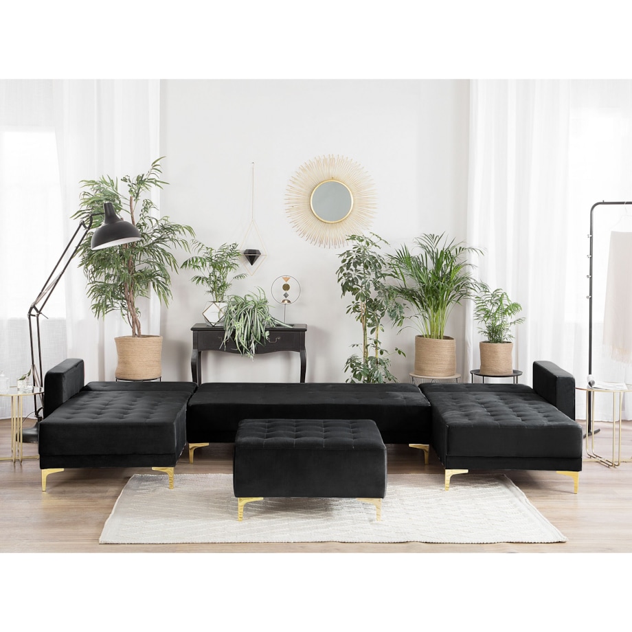 Narożnik rozkładany 5-osobowy z otomaną welurowy czarny ABERDEEN