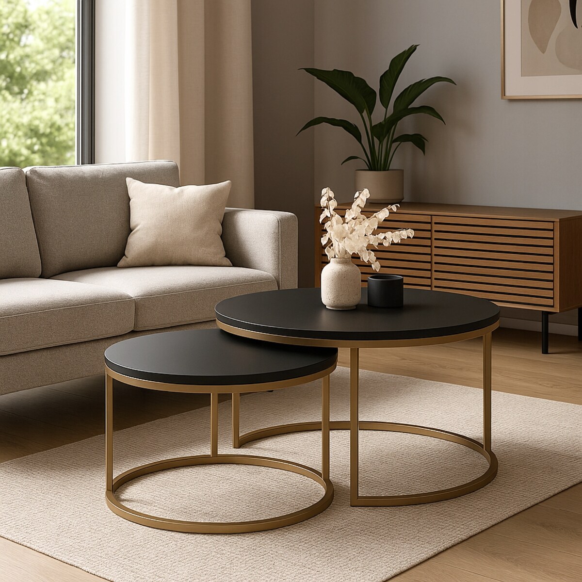 Zestaw 2 Stolików Kawowych Okrągłe INDUSTRIAL Czarny Złoty SOFT LOFT GOLD