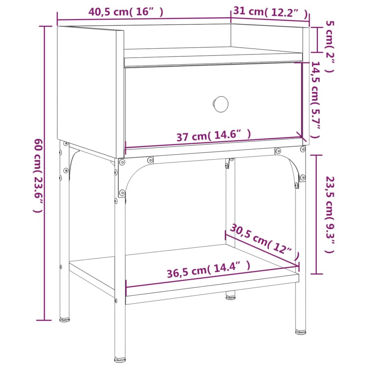 vidaXL Stolik nocny, dąb sonoma, 40,5x31x60cm, materiał drewnopochodny