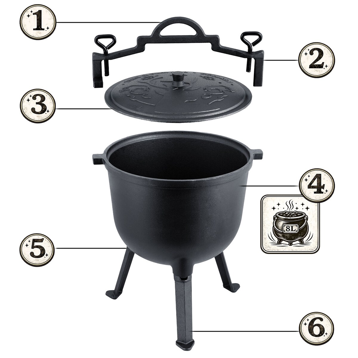 Kociołek żeliwny 8L Berdsen BD-482 garnek myśliwski pieczonka na ognisko grill + przepisy