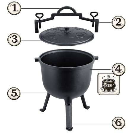 Kociołek żeliwny 8L Berdsen BD-482 garnek myśliwski pieczonka na ognisko grill + przepisy