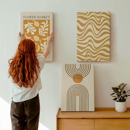 Zestaw 3 dużych obrazów na płótnie - Wzory roślinne geometryczne postery - pomarańczowy